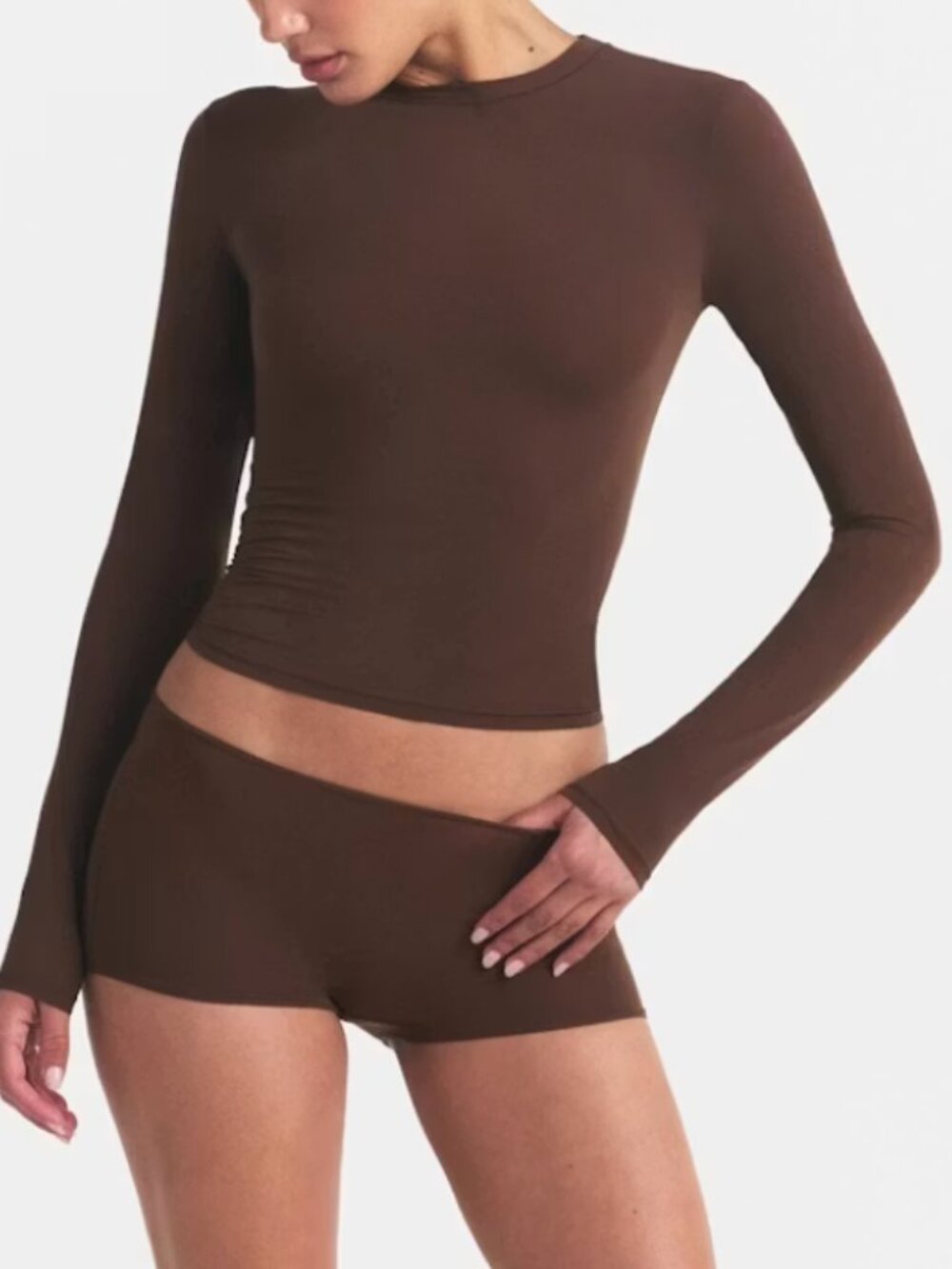 SKIMS Fits Everybody Long Sleeve T-Shirt - Cocoa, Size XS